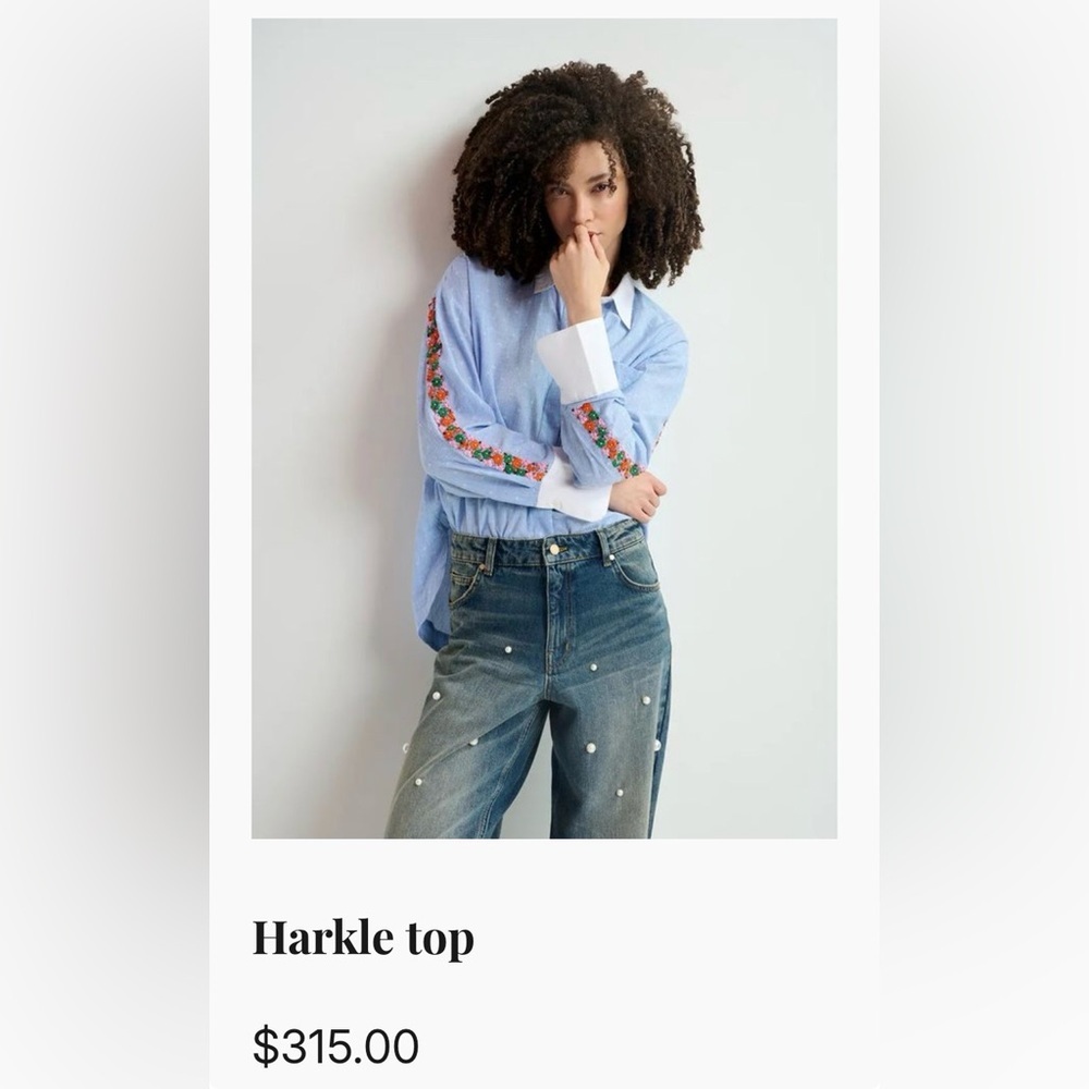Essentiel Antwerp Harkle Blue Striped Shirt with Floral Embroidery Blouse XS - Picture 3 of 12